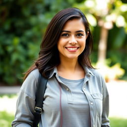 A 35-year-old woman with dark hair and a Latin appearance, dressed in casual yet stylish clothing