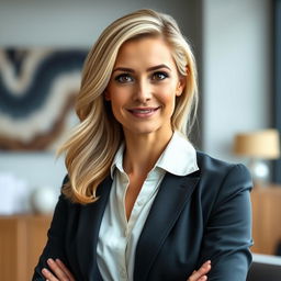 a professional portrait of a 35-year-old woman with striking blonde hair and dark, expressive eyes, dressed in smart office attire such as a tailored blazer and blouse, exuding a sense of professionalism and confidence, standing in a contemporary office environment with subtle decor in the background, her pose relaxed yet assertive, with a slight smile that conveys approachability