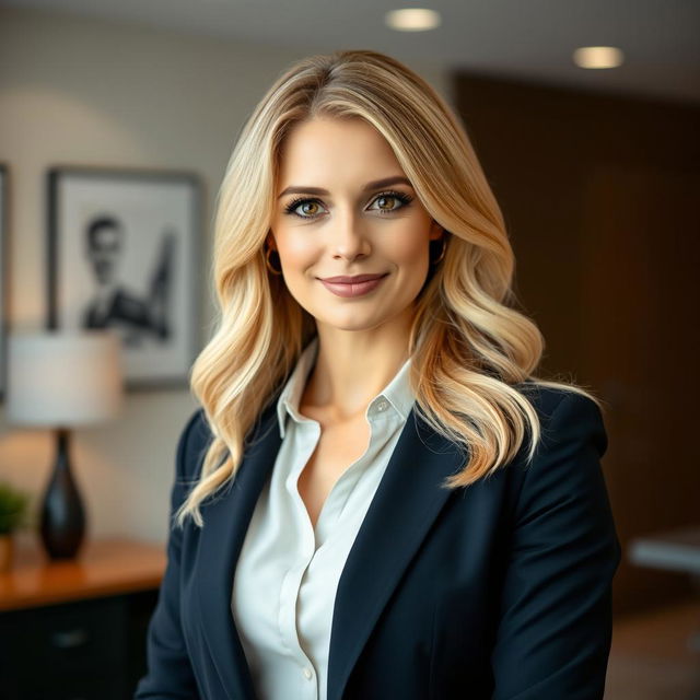 a professional portrait of a 35-year-old woman with striking blonde hair and dark, expressive eyes, dressed in smart office attire such as a tailored blazer and blouse, exuding a sense of professionalism and confidence, standing in a contemporary office environment with subtle decor in the background, her pose relaxed yet assertive, with a slight smile that conveys approachability