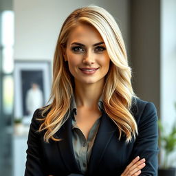 a professional portrait of a 35-year-old woman with striking blonde hair and dark, expressive eyes, dressed in smart office attire such as a tailored blazer and blouse, exuding a sense of professionalism and confidence, standing in a contemporary office environment with subtle decor in the background, her pose relaxed yet assertive, with a slight smile that conveys approachability