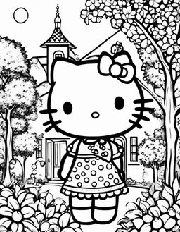 Black and white Hello Kitty themed colouring book page featuring Hello Kitty in a polka dot dress, surrounded by apple trees, a bow-shaped house, and a radiant sun