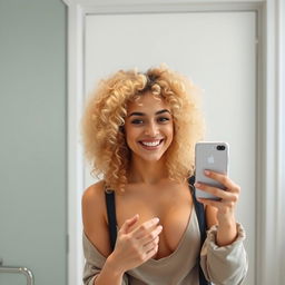 A 32-year-old blonde woman with curly hair taking a selfie in front of a bathroom mirror