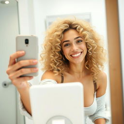 A 32-year-old blonde woman with curly hair taking a selfie in front of a bathroom mirror