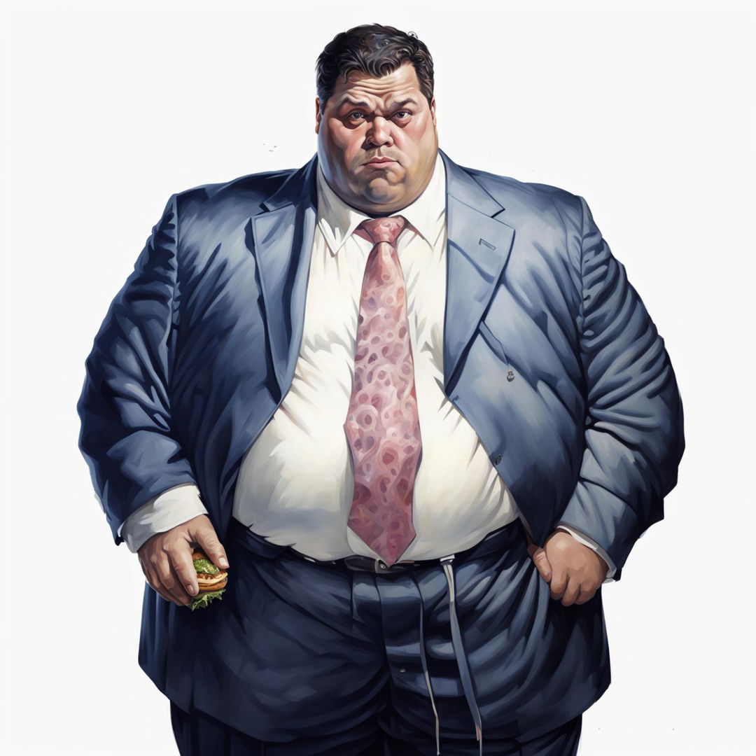 Hyper-realistic digital art of an extremely obese man in a strained suit holding a cheeseburger, against a stark white background