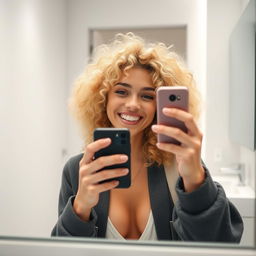 A 32-year-old blonde woman with curly hair taking a selfie in front of a bathroom mirror