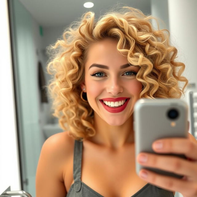 A 32-year-old blonde woman with curly hair taking a selfie in front of a bathroom mirror