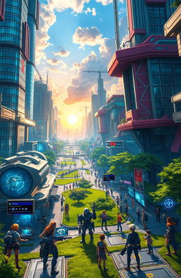 A visually captivating scene showcasing a futuristic video game environment filled with vibrant colors and detailed landscapes