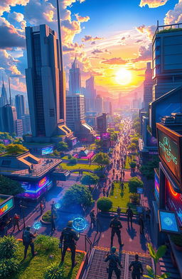 A visually captivating scene showcasing a futuristic video game environment filled with vibrant colors and detailed landscapes