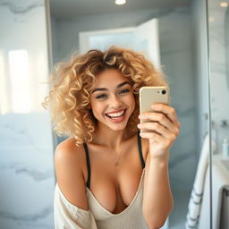 A young blonde woman with curly hair taking a selfie in front of a bathroom mirror