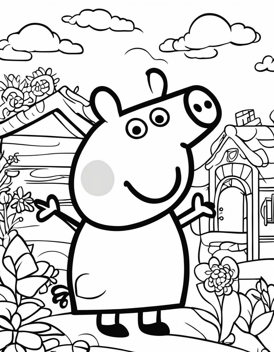 A children's coloring page featuring Peppa Pig in a playful scene.