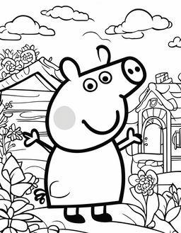 A children's coloring page featuring Peppa Pig in a playful scene.