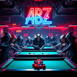 An exciting billiard hall scene featuring a group of villains gathered around pool tables, showcasing their distinctive and menacing costumes