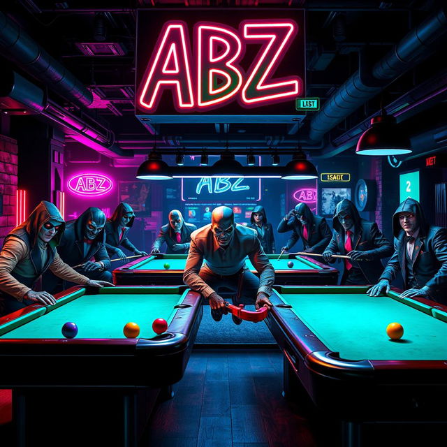 An exciting billiard hall scene featuring a group of villains gathered around pool tables, showcasing their distinctive and menacing costumes