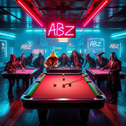 An exciting billiard hall scene featuring a group of villains gathered around pool tables, showcasing their distinctive and menacing costumes