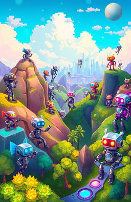 A vibrant and colorful game world filled with metallic robots of various designs, some humanoid and others more abstract