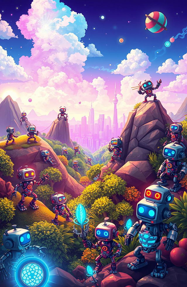 A vibrant and colorful game world filled with metallic robots of various designs, some humanoid and others more abstract