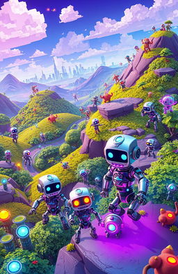 A vibrant and colorful game world filled with metallic robots of various designs, some humanoid and others more abstract