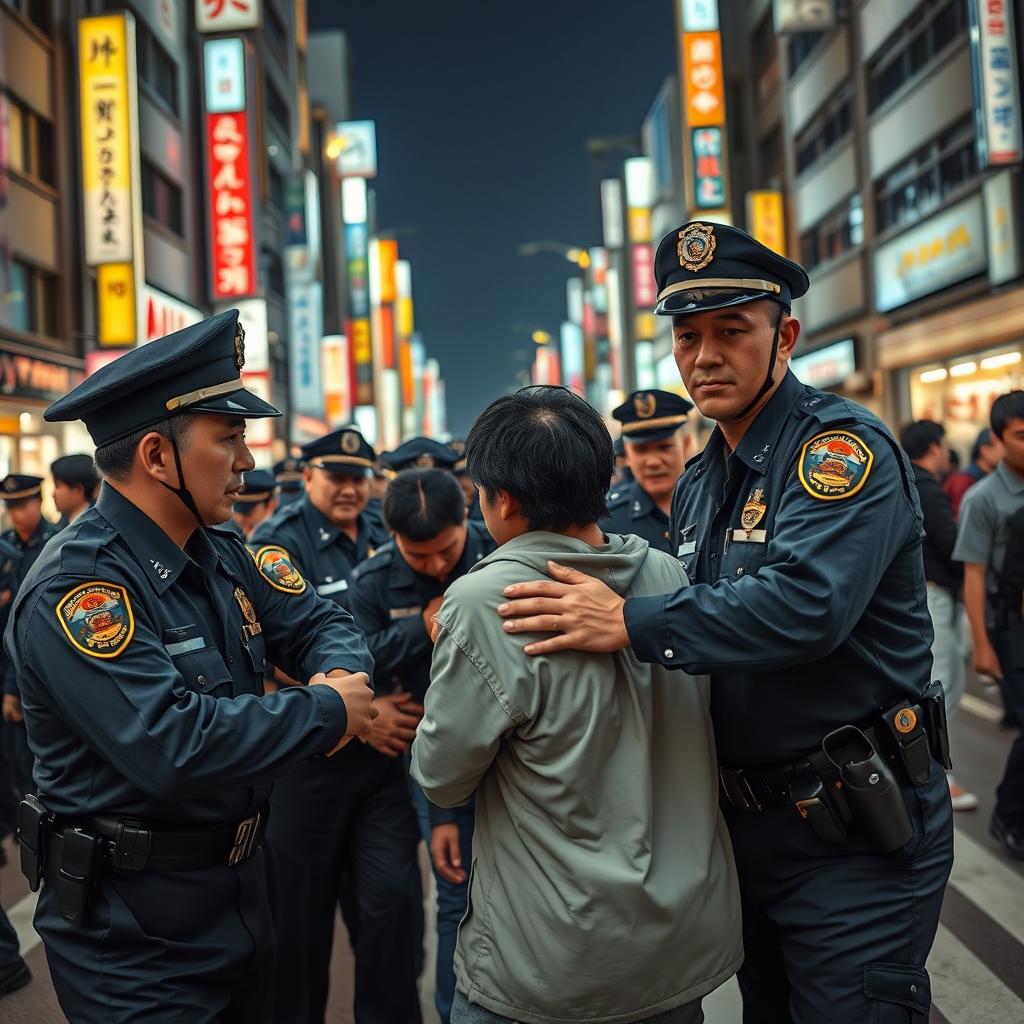 A dynamic scene depicting Japanese police officers in action as they control and arrest criminals in a busy urban setting