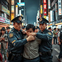 A dynamic scene depicting Japanese police officers in action as they control and arrest criminals in a busy urban setting