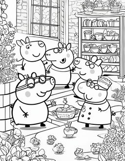 A children's coloring page featuring Peppa Pig in a playful scene.