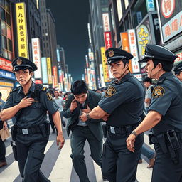 A dynamic scene depicting Japanese police officers in action as they control and arrest criminals in a busy urban setting