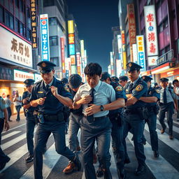 A dynamic scene depicting Japanese police officers in action as they control and arrest criminals in a busy urban setting