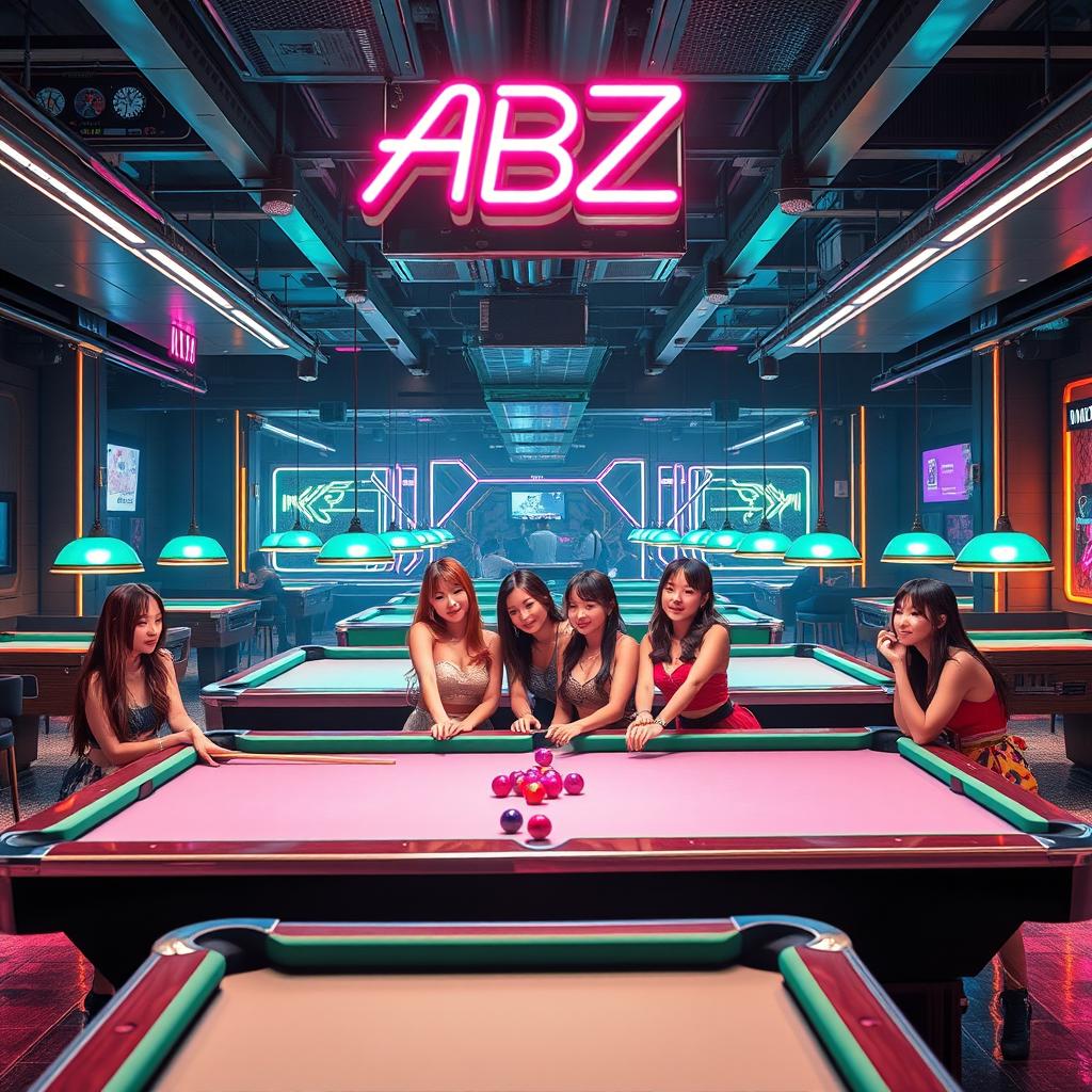 A vibrant billiard hall scene featuring a group of K-pop girls, dressed in stylish and colorful outfits, having fun around the pool tables