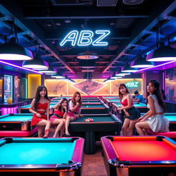 A vibrant billiard hall scene featuring a group of K-pop girls, dressed in stylish and colorful outfits, having fun around the pool tables