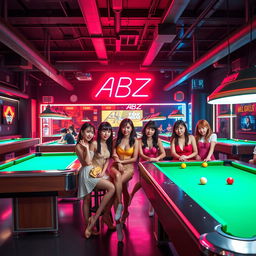 A vibrant billiard hall scene featuring a group of K-pop girls, dressed in stylish and colorful outfits, having fun around the pool tables
