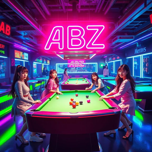 A vibrant billiard hall scene featuring a group of K-pop girls, dressed in stylish and colorful outfits, having fun around the pool tables