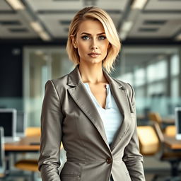 A 35-year-old woman with blonde hair and dark eyes dressed as an office worker, wearing a stylish and professional outfit featuring a tailored blazer and a closed bust design