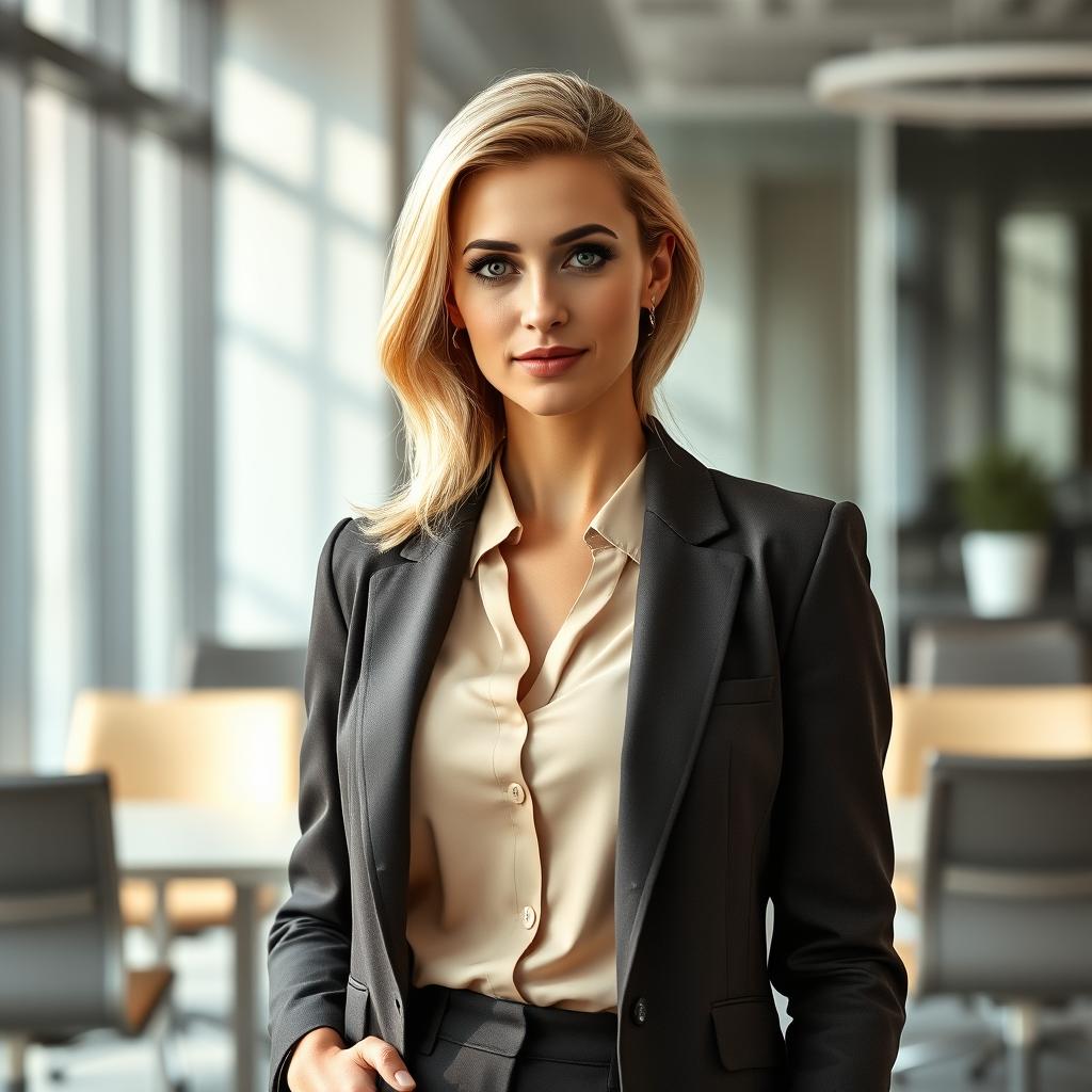 A 35-year-old woman with blonde hair and dark eyes dressed as an office worker, wearing a stylish and professional outfit featuring a tailored blazer and a closed bust design