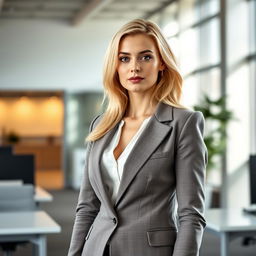 A 35-year-old woman with blonde hair and dark eyes dressed as an office worker, wearing a stylish and professional outfit featuring a tailored blazer and a closed bust design