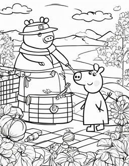 A children's coloring page featuring Peppa Pig in a playful scene.