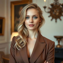 A portrait of a 35-year-old European woman featuring light hair and light skin