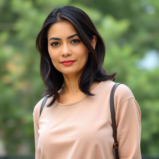 A 35-year-old woman with dark hair and a simple, natural appearance, dressed modestly in casual yet elegant attire