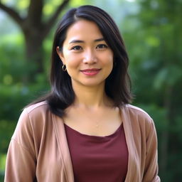 A 35-year-old woman with dark hair and a simple, natural appearance, dressed modestly in casual yet elegant attire