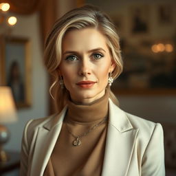 A portrait of a 35-year-old European woman with light hair and light skin, elegantly dressed in a sophisticated outfit featuring a high neckline