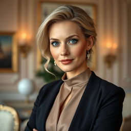 A portrait of a 35-year-old European woman with light hair and light skin, elegantly dressed in a sophisticated outfit featuring a high neckline