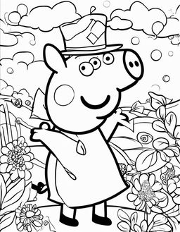 A children's coloring page featuring Peppa Pig in a playful scene.