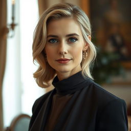 A portrait of a 35-year-old European woman with light hair and light skin, elegantly dressed in a sophisticated outfit featuring a high neckline