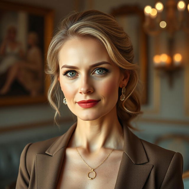 A portrait of a 35-year-old European woman with light hair and light skin, elegantly dressed in a sophisticated outfit featuring a high neckline