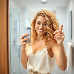 A young blonde woman with curly hair taking a selfie in front of a bathroom mirror