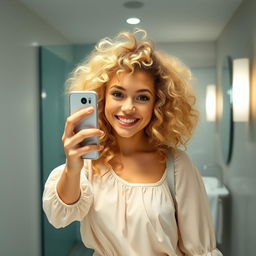 A young blonde woman with curly hair taking a selfie in front of a bathroom mirror