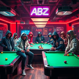 A vibrant billiard hall scene featuring a diverse group of hip hop enthusiasts styled in trendy streetwear, showcasing their unique fashion and confident poses as they interact around the pool tables