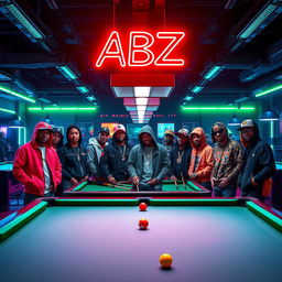 A vibrant billiard hall scene featuring a diverse group of hip hop enthusiasts styled in trendy streetwear, showcasing their unique fashion and confident poses as they interact around the pool tables