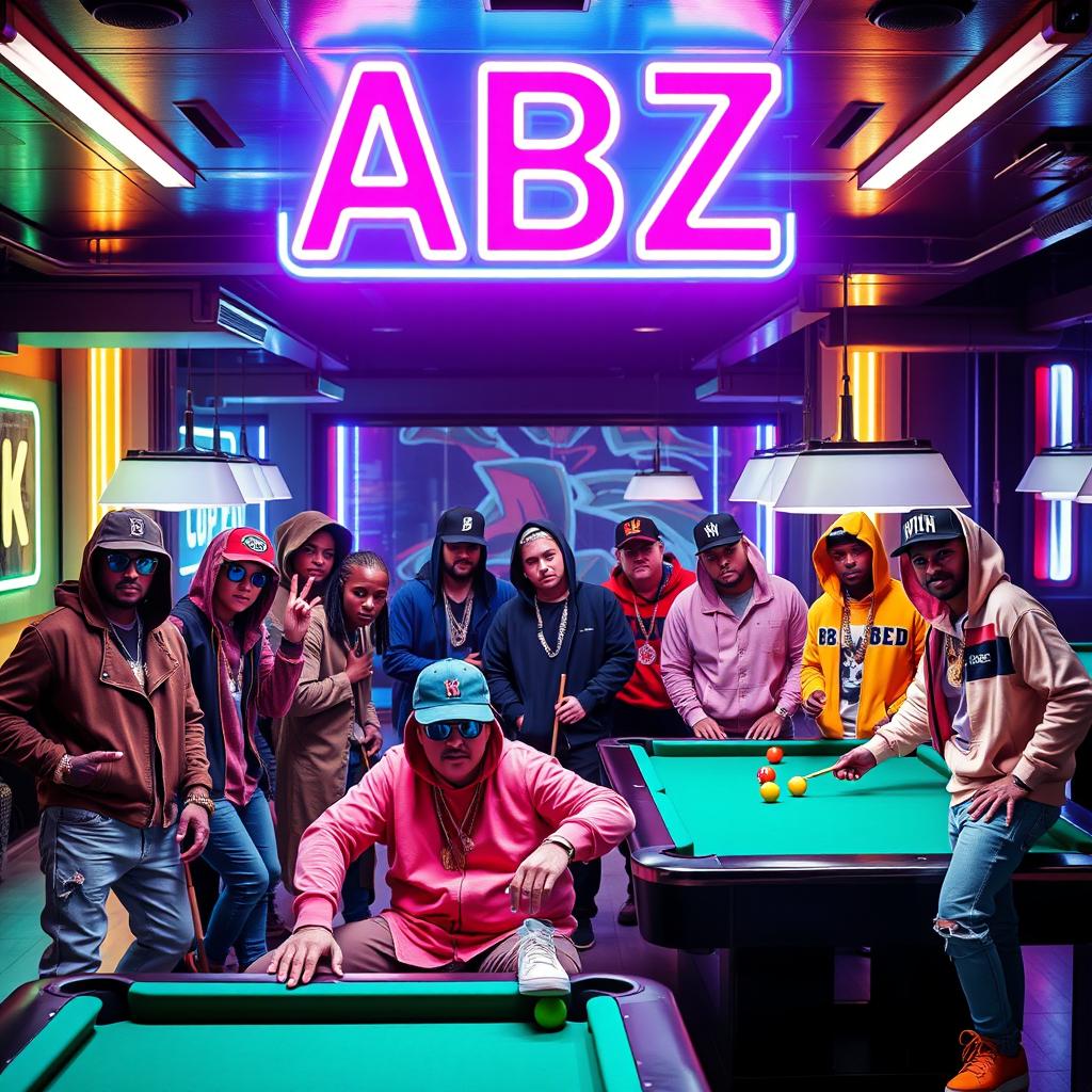 A vibrant billiard hall scene featuring a diverse group of hip hop enthusiasts styled in trendy streetwear, showcasing their unique fashion and confident poses as they interact around the pool tables