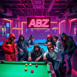 A vibrant billiard hall scene featuring a diverse group of hip hop enthusiasts styled in trendy streetwear, showcasing their unique fashion and confident poses as they interact around the pool tables