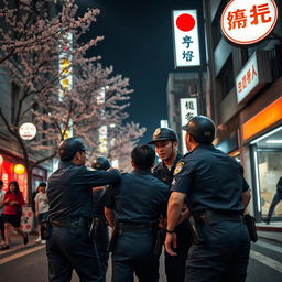 A dramatic night scene showcasing Japanese police officers as they control and arrest criminals in an urban environment