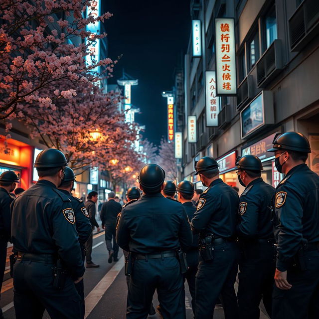 A dramatic night scene showcasing Japanese police officers as they control and arrest criminals in an urban environment